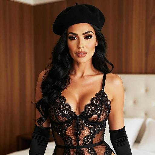 Confident Woman in Black Lace Lingerie and Beret Indoors