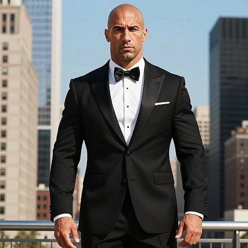Confident Man in Black Tuxedo with Bow Tie in Urban Setting