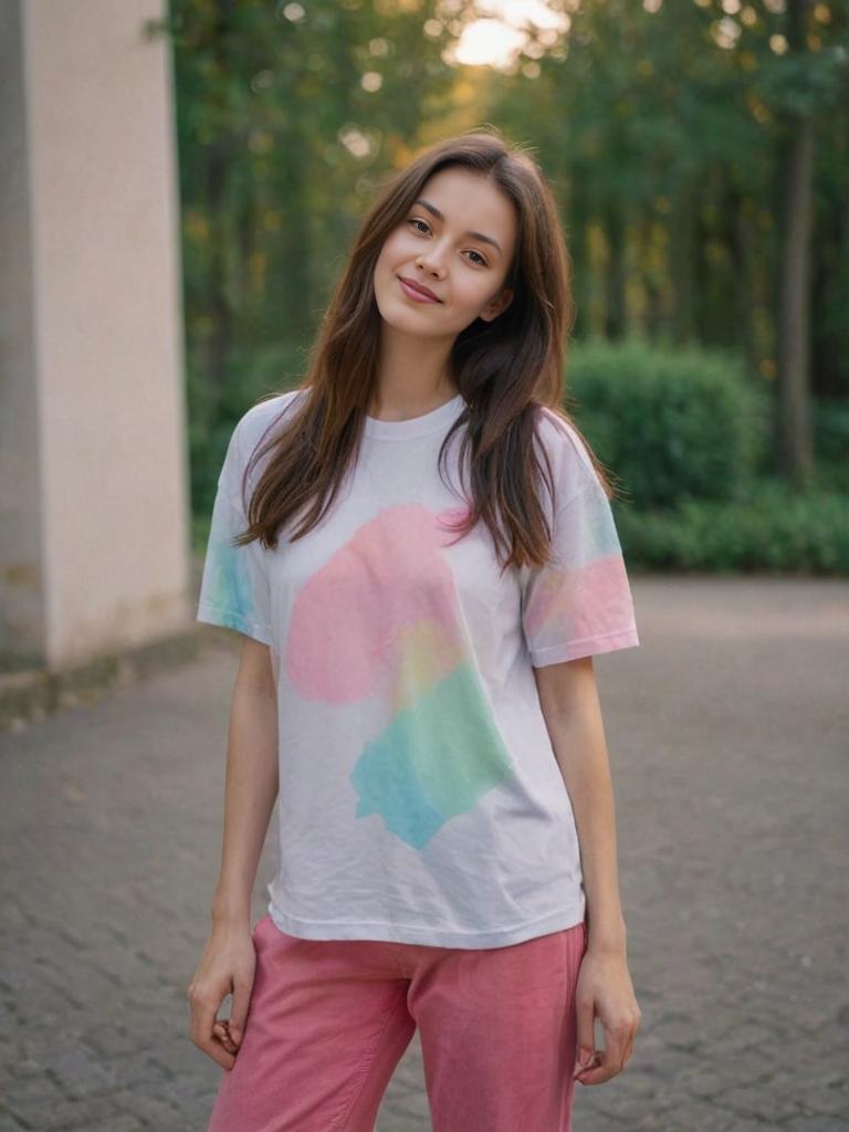 Confident Young Woman in Tie-Dye T-Shirt