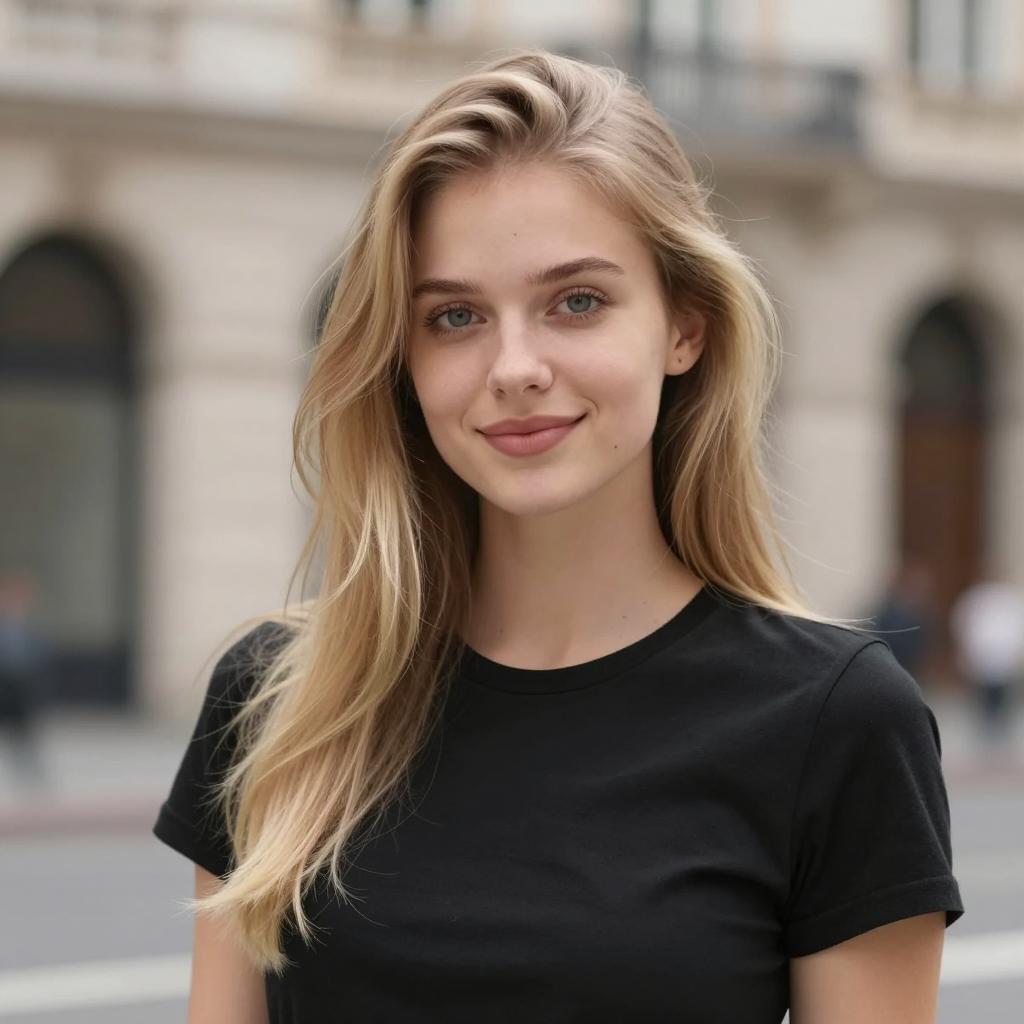 Confident Young Blonde Woman in Black T-Shirt Outdoors Urban Gen Z Style