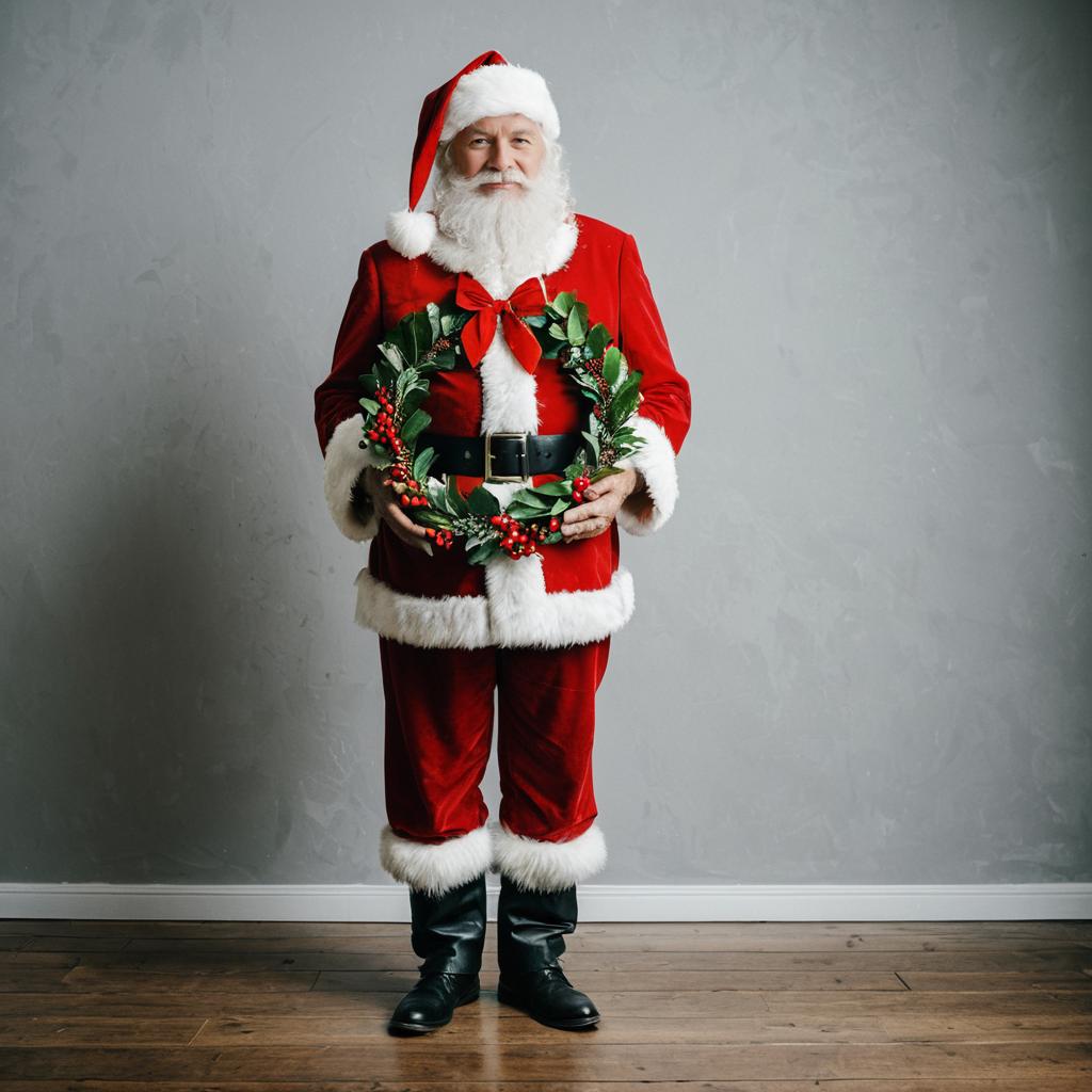 Realistic Santa Claus Holding Christmas Wreath in Festive Costume