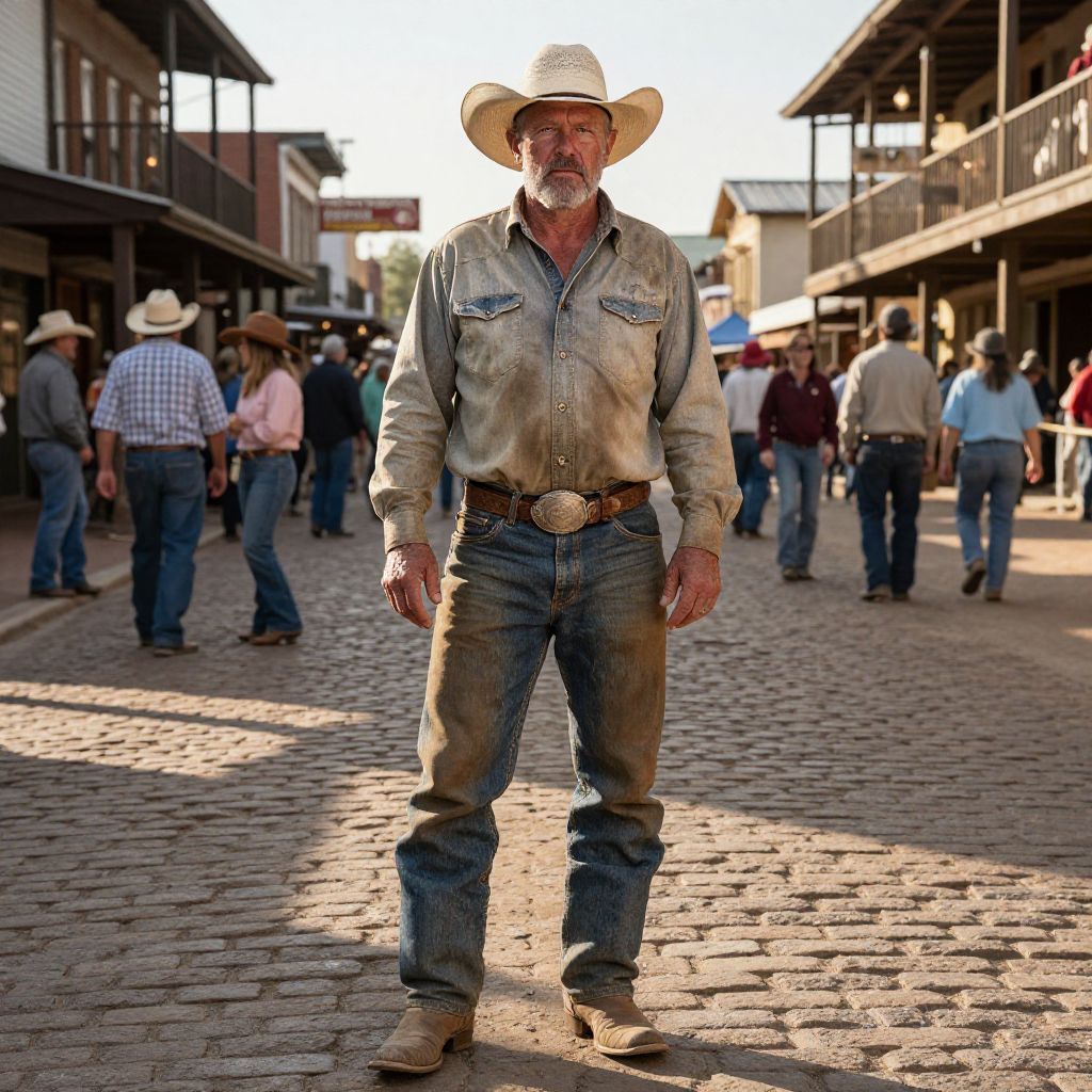 Rugged Cowboy Standing in Historic Western Town Street