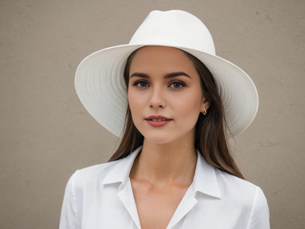 Elegant Woman in White Hat and Blouse