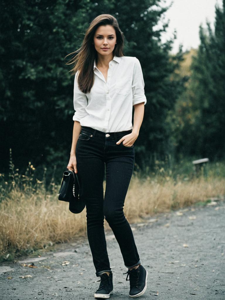 Woman in Black Jeans with White Shirt Casual Outfit Full Body Outdoor Fashion Photo