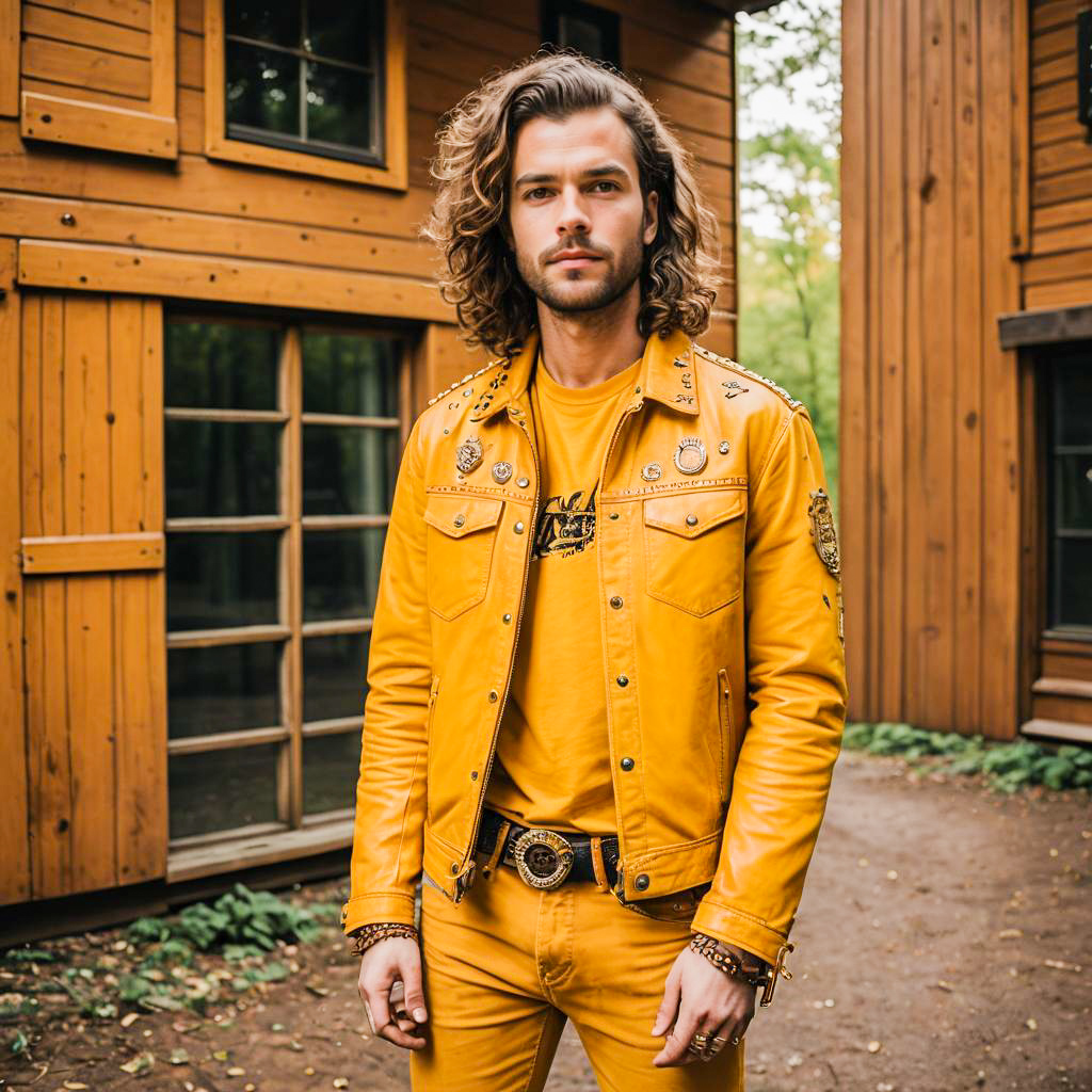 Man Wearing Yellow Leather Jacket and Pants Standing Outside Wooden Cabins