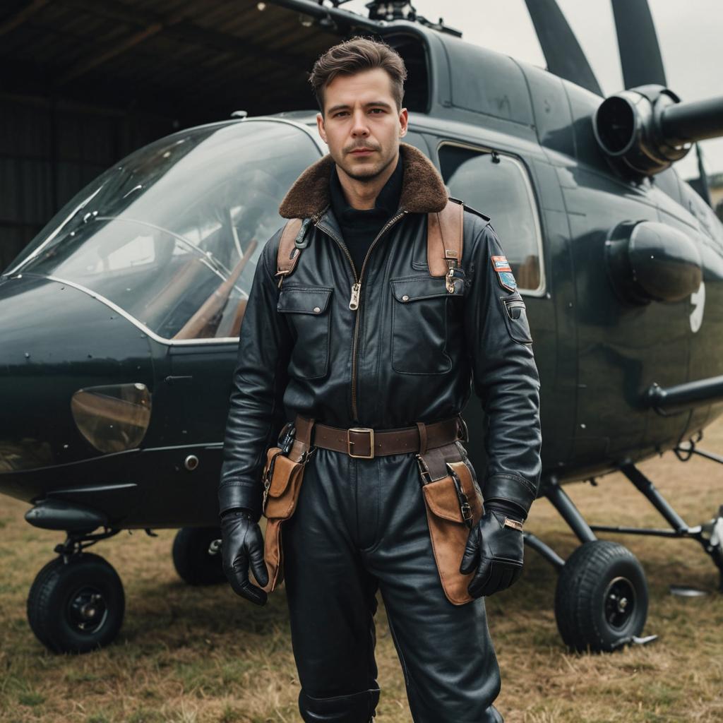 Confident Man in Vintage Pilot Uniform by Classic Helicopter