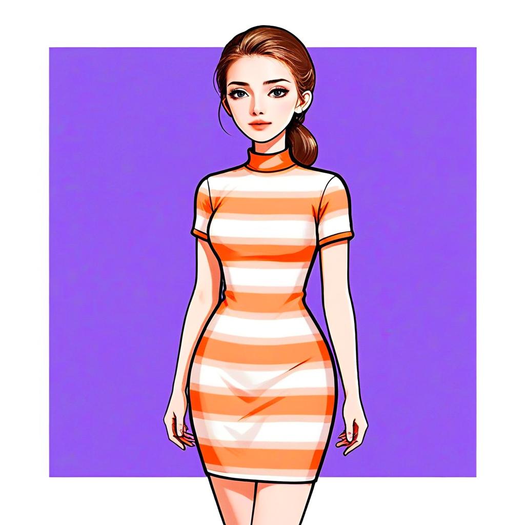 Stylish Woman in Orange and White Striped Dress Digital Illustration