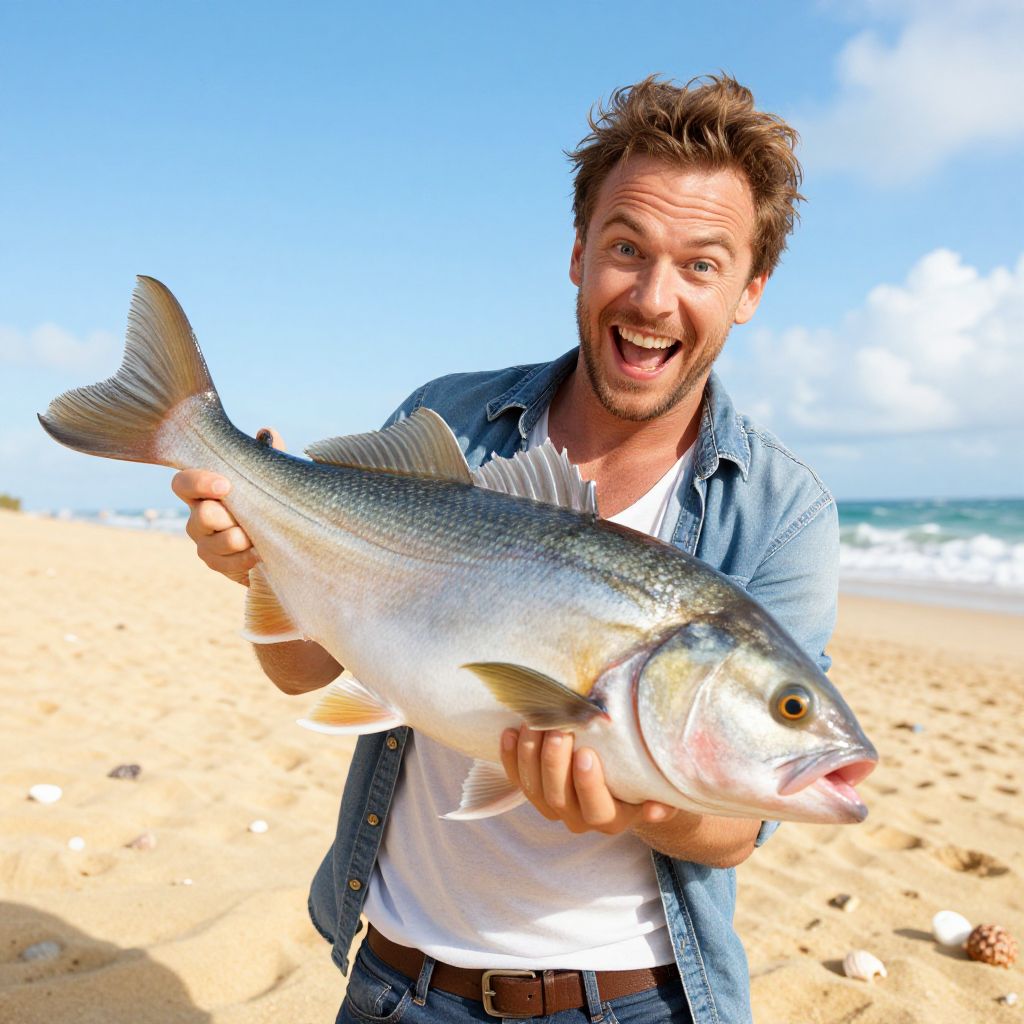 Happy Man Holding Large Fish on Sunny Beach