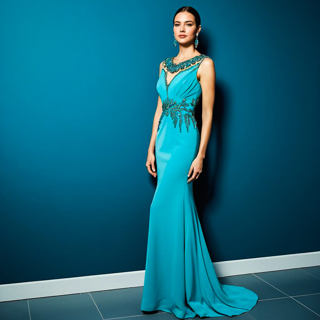Elegant Woman in Turquoise Gown Against Blue Wall Elegant Woman in Turquoise Gown Against Blue Wall