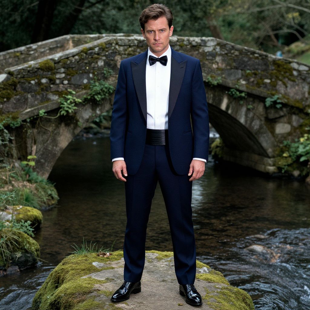 Man in Navy Blue Tuxedo Standing on Mossy Rock by Stone Bridge