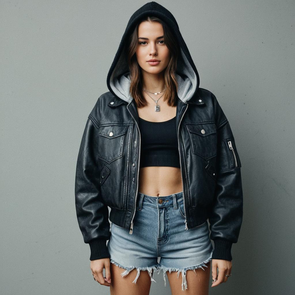 Woman Wearing Black Leather Bomber Jacket with Ribbed Cuffs and Hem in Casual Streetwear