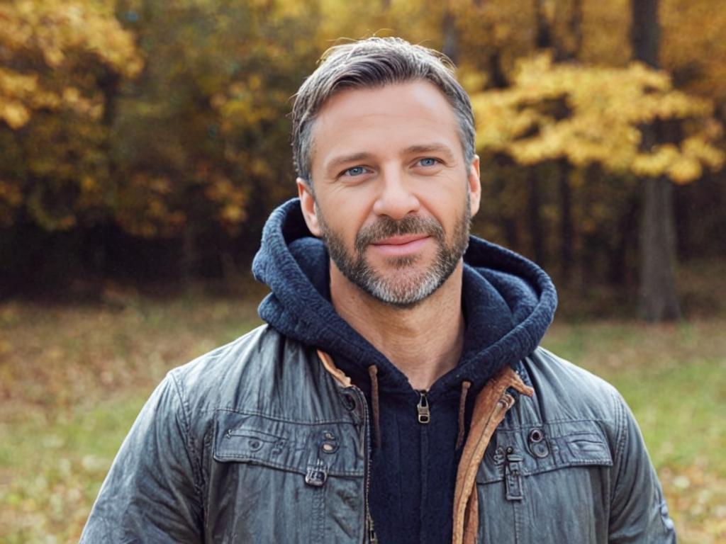 Man in Blue Hoodie and Leather Jacket in Autumn Park