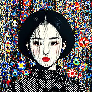 Stylized Woman Portrait with Colorful Circular Pattern Background