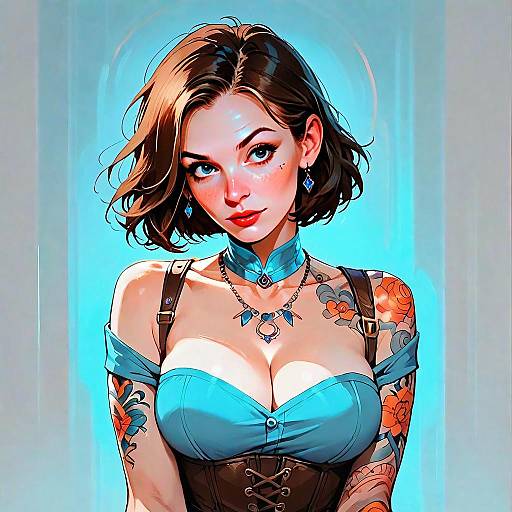 Anime Style Portrait of a Tattooed Woman in Blue Corset