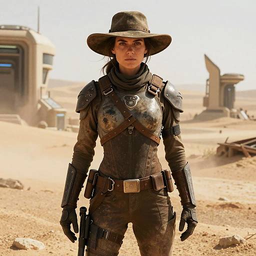 Female Sci-Fi Western Warrior in Desert Armor Outfit
