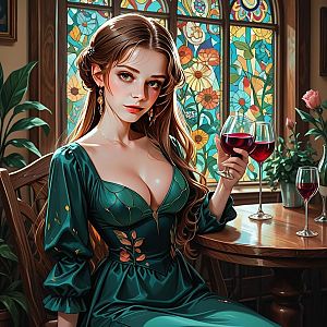 Woman in Green Dress with Red Wine