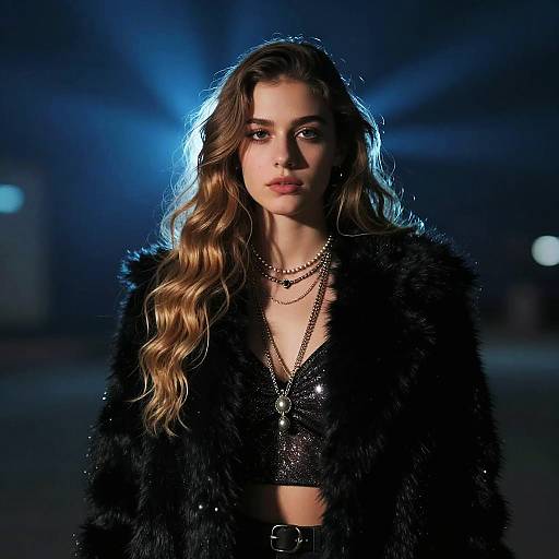 Stylish Young Woman in Black Fur Coat and Sparkling Crop Top with Layered Necklaces