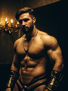 Man in Buff Male Costume with Gold Arm Cuffs at Themed Cosplay Party
