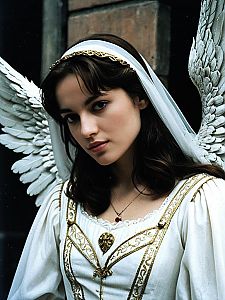 Woman in Romeo Juliet Inspired Angel Costume with White Wings and Gold Embroidery