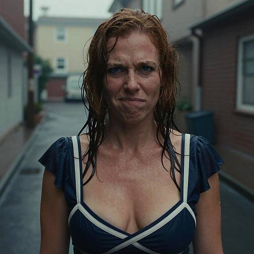 Emotional Wet Woman Standing in Urban Alleyway