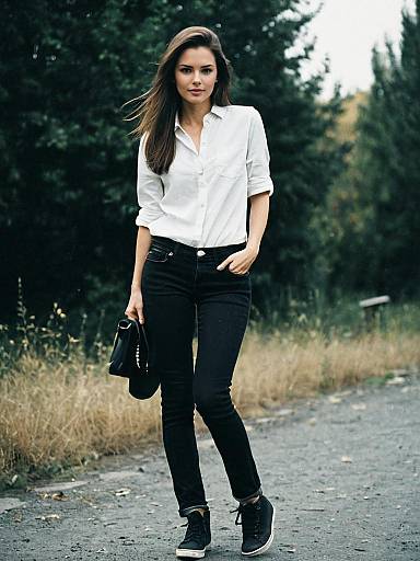 Woman in Black Jeans with White Shirt Casual Outfit Full Body Outdoor Fashion Photo