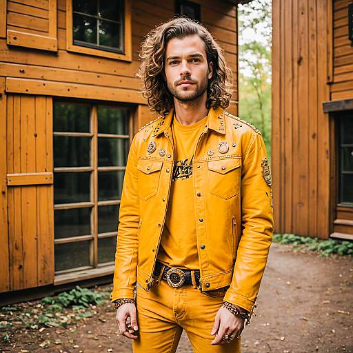 Man Wearing Yellow Leather Jacket and Pants Standing Outside Wooden Cabins