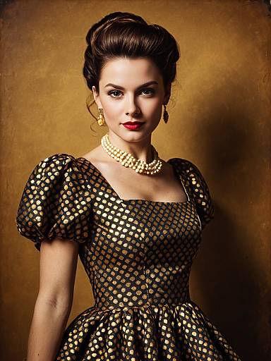Woman in Retro Party Dress with Gold Geometric Pattern and Pearl Jewelry