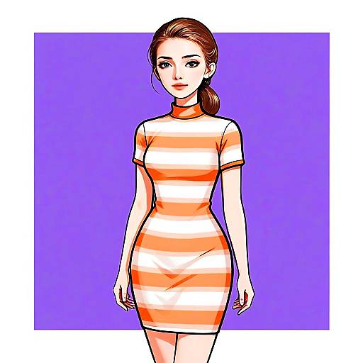 Stylish Woman in Orange and White Striped Dress Digital Illustration