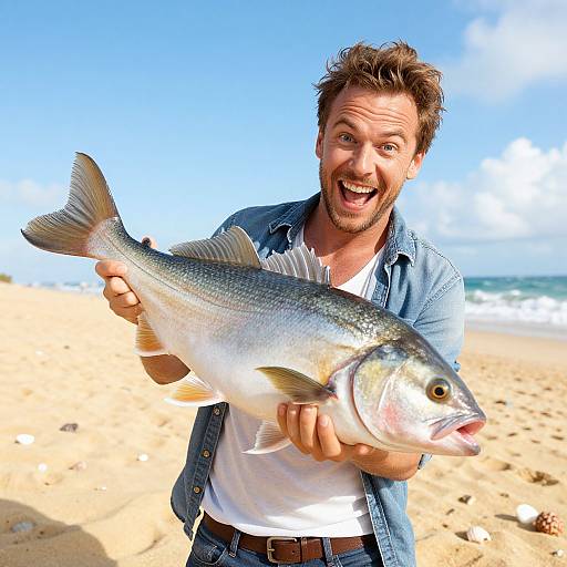Happy Man Holding Large Fish on Sunny Beach