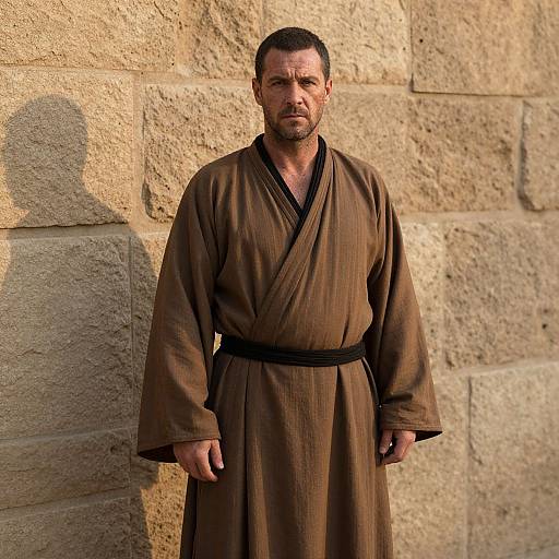 Man in Traditional Brown Robe Standing by Stone Wall