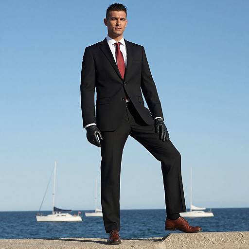 Man in Black Suit and Red Tie by the Sea with Sailboats