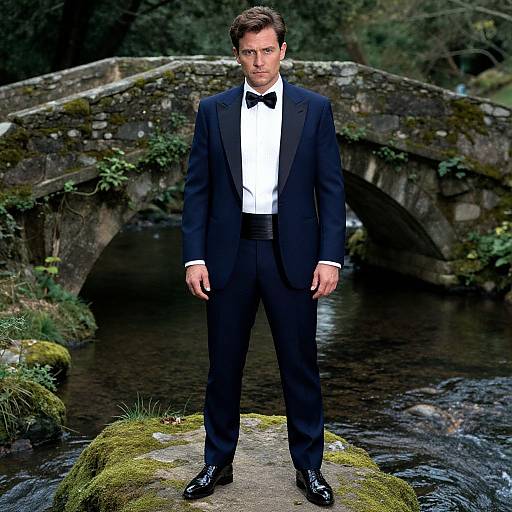 Man in Navy Blue Tuxedo Standing on Mossy Rock by Stone Bridge