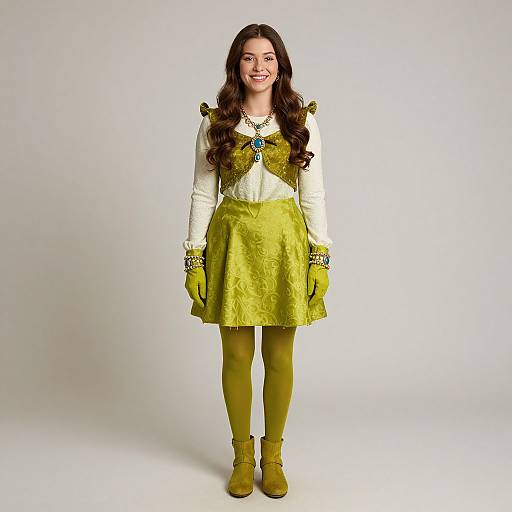 Young Woman in Vintage Olive Green Outfit with Jewelry and Gloves