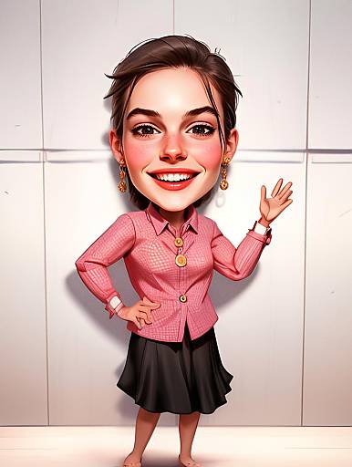 Cheerful Woman Caricature in Pink Blouse and Black Skirt