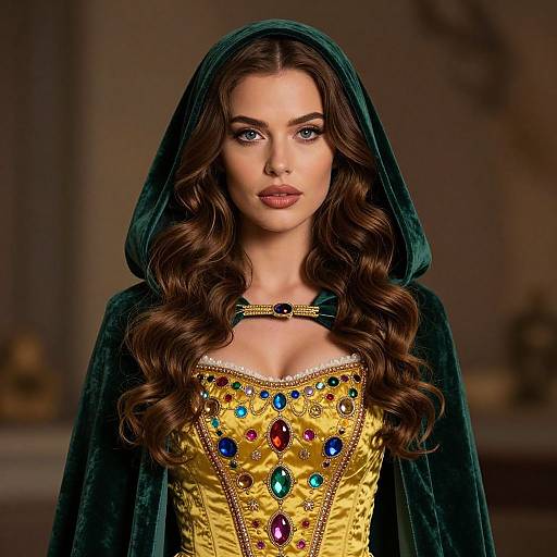 Woman in Medieval Gemstone Corset and Green Velvet Hooded Cloak