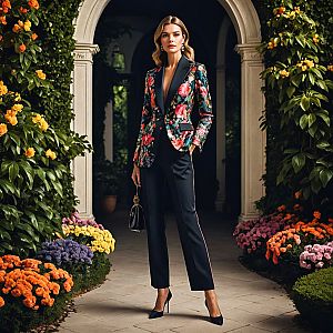 Confident Woman in Floral Blazer in Garden