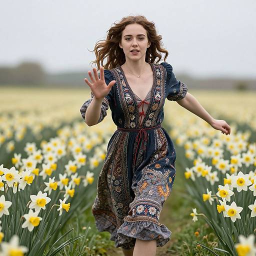 Young Woman in Bohemian Dress Running Through Daffodil Field