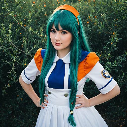 Woman in Teal Hair Cosplay Costume with Blue and Orange Outfit