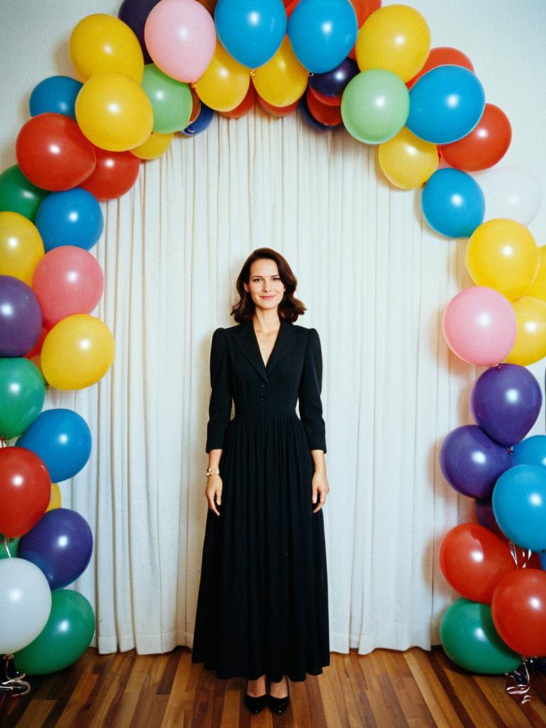 Woman in Elegant Black Dress Standing Under Colorful Balloon Arch