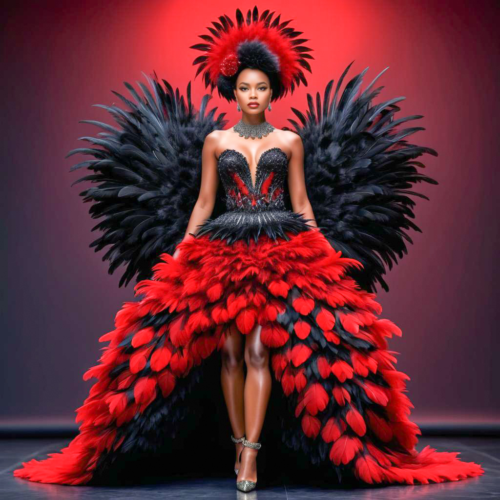 Woman in Artistic Red and Black Haute Couture Gown