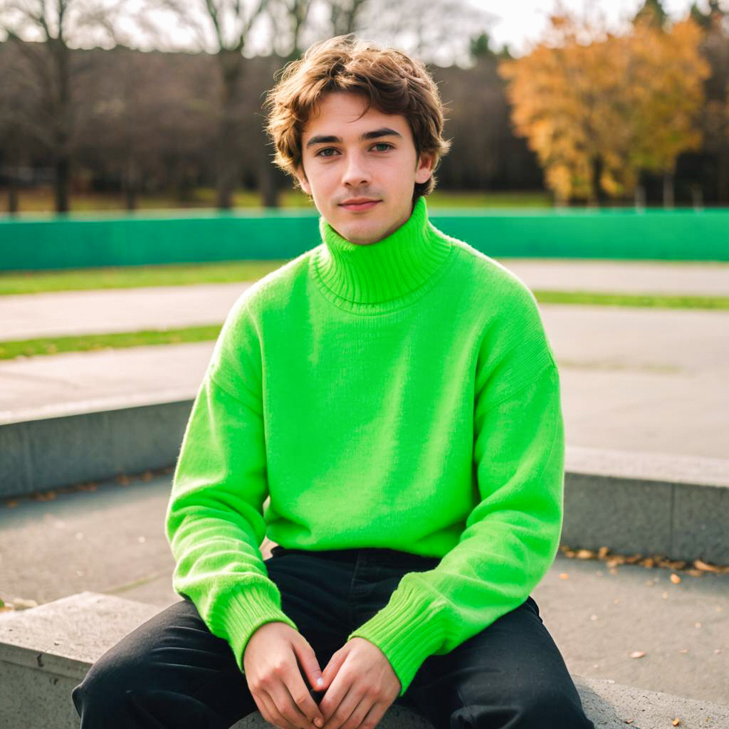 Confident Young Man in Lime Green Sweater in Autumn Park