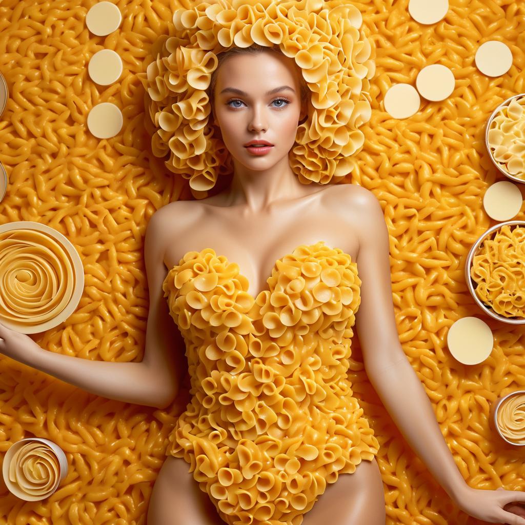 Woman in Vibrant Pasta-Themed Outfit Surrounded by Yellow Pasta