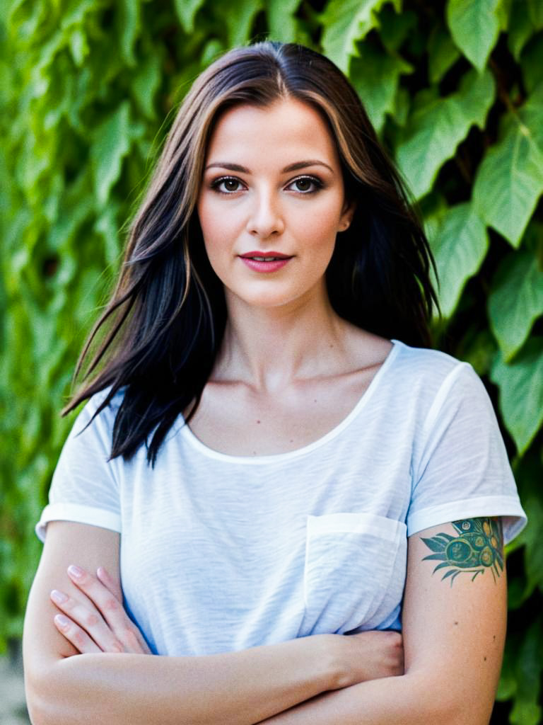 Confident Woman with Tattoo in Green Foliage