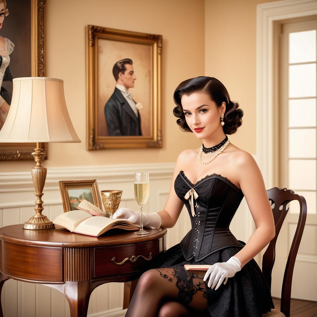 Vintage Glamour Woman in Black Lingerie Sitting at Antique Table with Champagne and Book