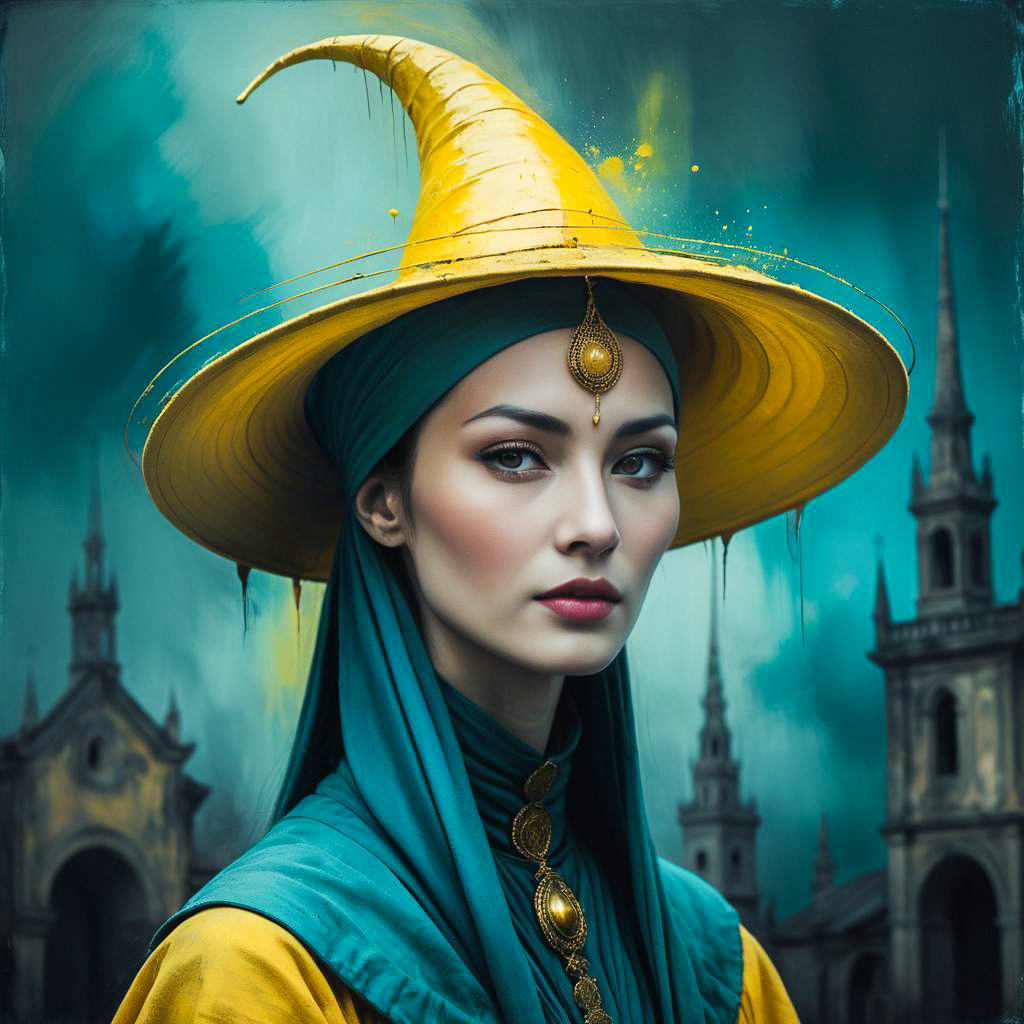 Mystical Woman in Golden Hat and Teal Headscarf