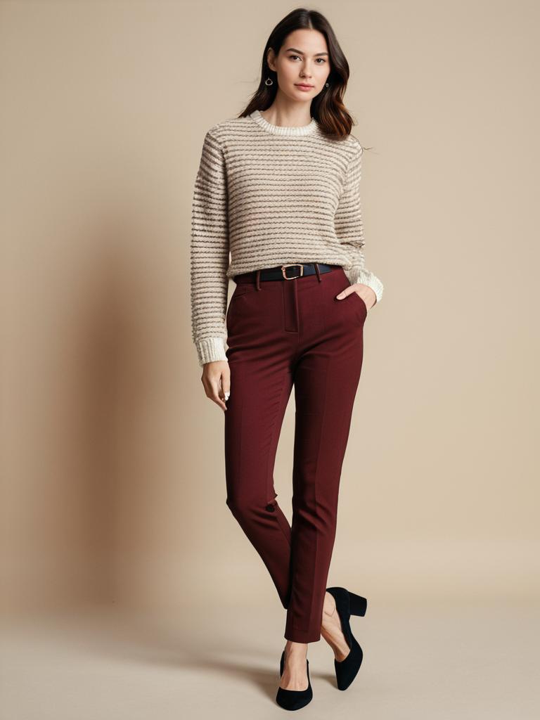 Woman Wearing Casual Textured Knit Sweater with Burgundy Pants