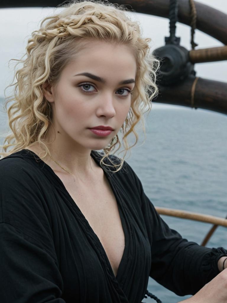 Serene Woman with Blonde Curls on Ship Deck