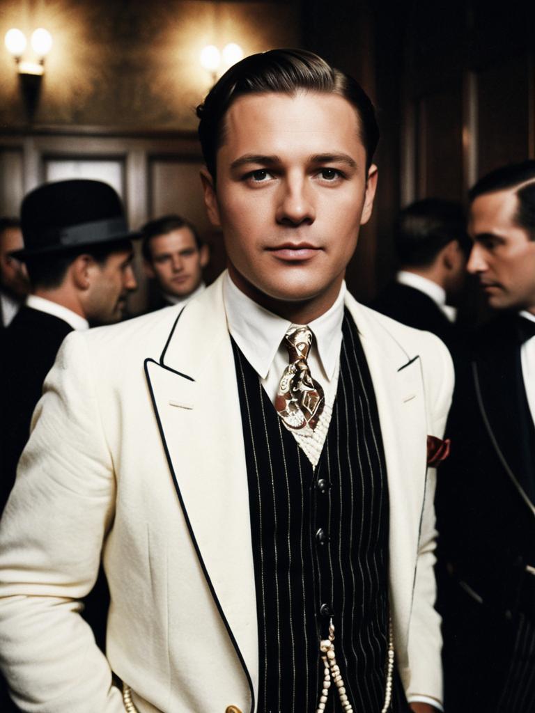 Man in Gatsby Party Costume Stylish 1920s Cinematic Portrait