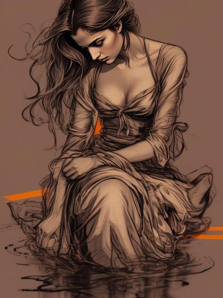 Contemplative Woman in Flowing Dress by Water