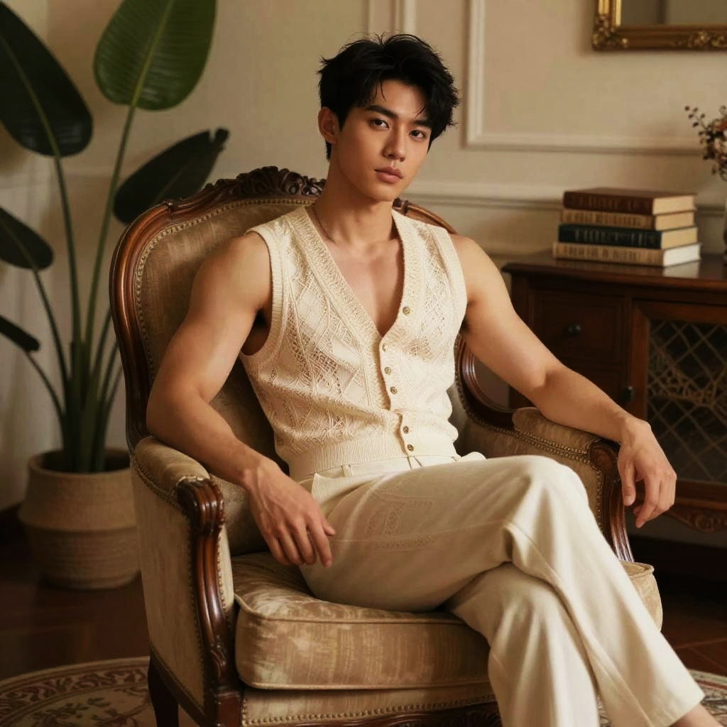 Modern Vintage Style Young Man Sitting in Elegant Interior